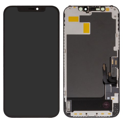 Дисплей для iPhone 12, iPhone 12 Pro, черный, с рамкой, High Copy, с пластиками камеры и датчика приближения, без микросхемы, OLED , GK OEM hard