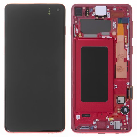 Pantalla LCD puede usarse con Samsung G973 Galaxy S10, rojo, con marco, Original, empaque industrial, #GH82 18850H GH82 18835H
