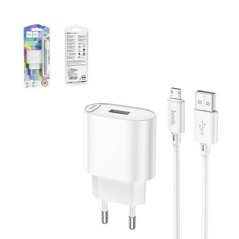 Mains Charger Hoco C109A, 18 W, Quick Charge, white, with micro USB cable Type B, 1 output  #6931474784827