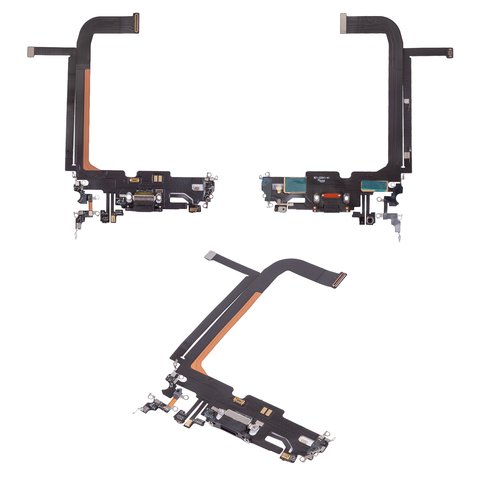 Flat Cable compatible with iPhone 13 Pro Max, charge connector, black, with microphone, with components, HC, graphite 