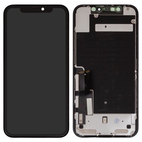 LCD compatible with iPhone 11, black, with frame, change glass, with camera and proximity sensor plastics, LG version 