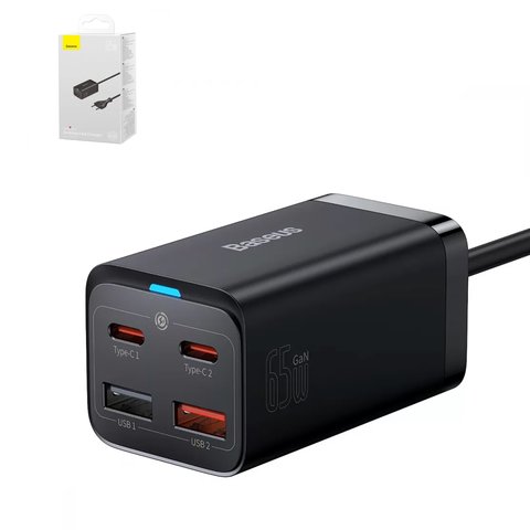 Adaptador de red Baseus GaN3 Pro Desktop, 65 W, Fast Charge, negro, con cable USB tipo C USB tipo C, 4 puertos, 1.5 m, #CCGP040101