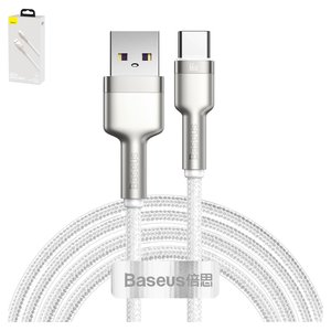 USB кабель Baseus Cafule Series Metal, USB тип C, USB тип A, 200 см, 66 Вт, 6 А, серебристый, белый, в нейлоновой оплетке, #CAKF000202
